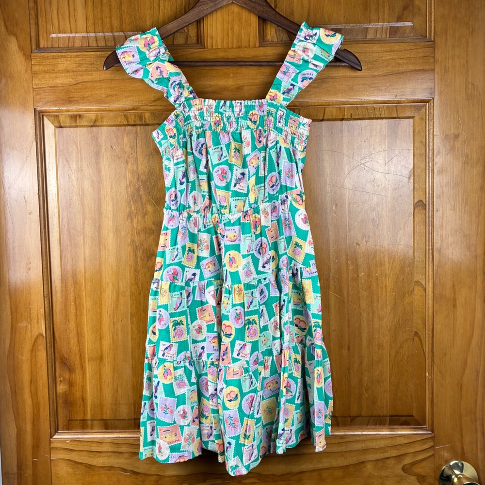 Copper Key Girls Med 10/12 Green Postage Stamp Smocked Tiered Dress Linen Blend